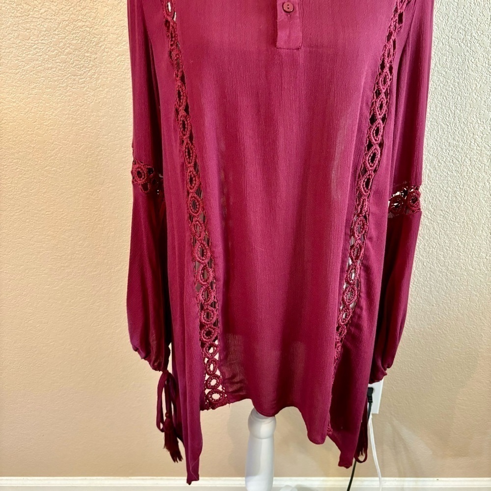 Ecru Lab Dress Small Long Sleeves Crochet Lace Detail Rayon Ties Tassels Boho - Picture 4 of 16